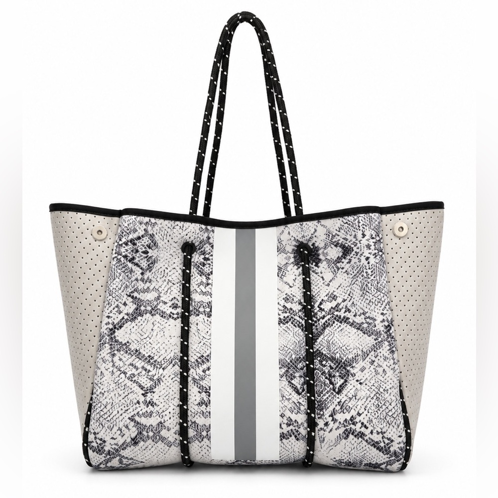 Neoprene Snake-Print Tote Bag in White & Gray